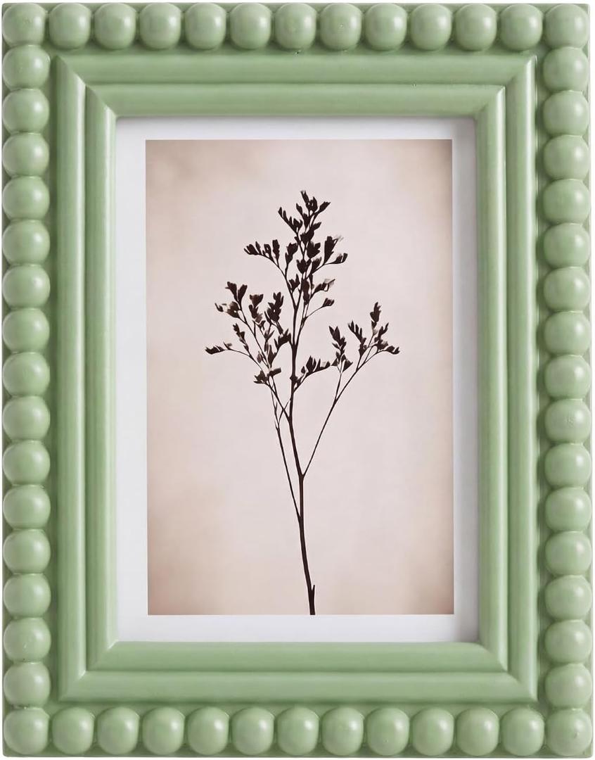 1 Pack 5 x 7 Picture Frame, Wood Beaded Boho Photo Frame, Vintage Photo Display, Wall Hanging Desk Standing Decor, Birthday Anniversary for Family, Couple, Friends (Sage Green)