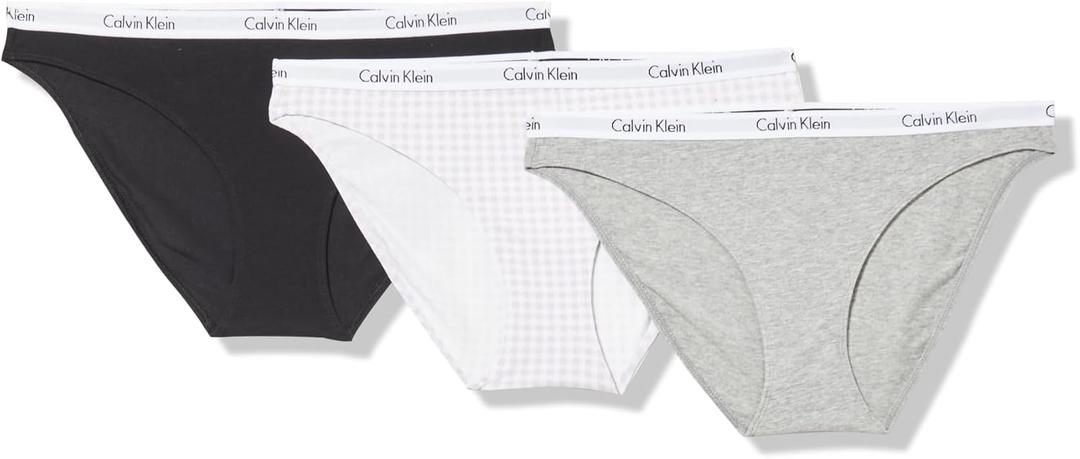 Calvin Klein Women's Carousel Logo Cotton Stretch Bikini Panties, 3 Pack (Large, Black/Grey Heather/Gingham Lavendar Blue)