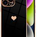 for iPhone 14 Pro Max Case - Cute Love Heart Luxury Plating, Soft Bling Back Cover, Raised Full Camera Protection, Bumper Silicone Shockproof Phone Case for Women Girls (Black)