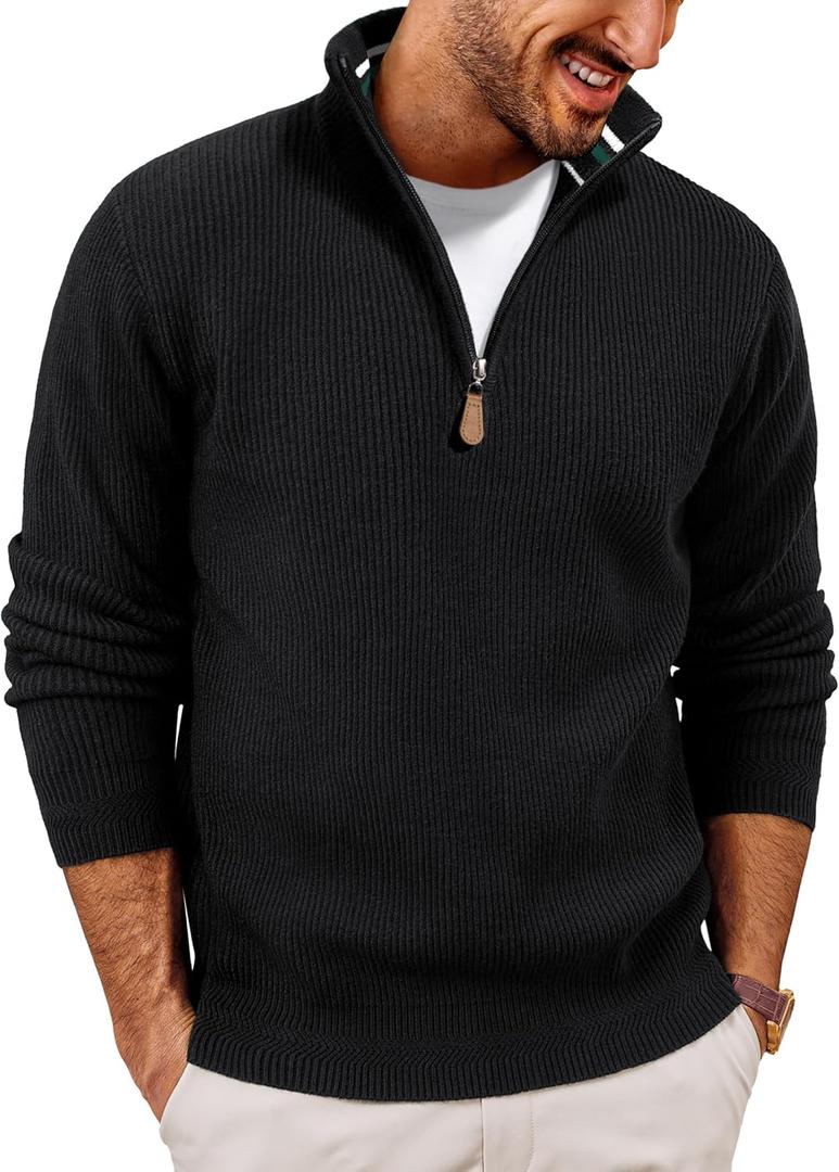 PJ PAUL JONES Mens Quarter Zip Pullover Slim Fit Lightweight Knit Pullovers Sweaters Fall Stylish Thick Mock Neck Sweater Black L