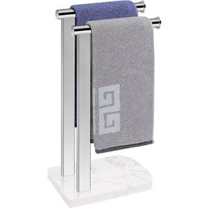 NearMoon Hand Towel Holder with Balanced Marble Base, SUS304 Stainless Steel Stand Towel Ring L Shape Hand Towel Rack Free-Standing Towel Bar for Bathroom Kitchen Countertop (Double Rod, Chrome)