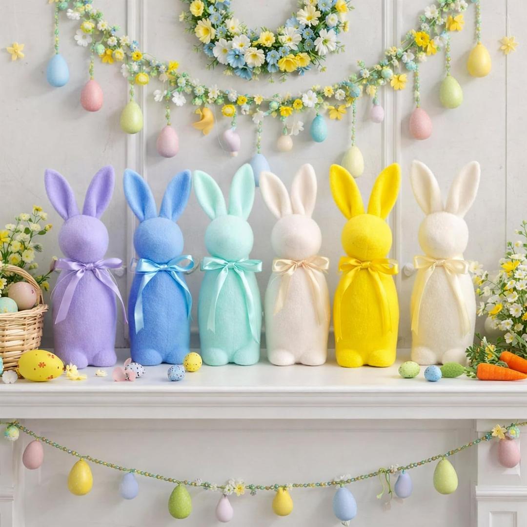 Wesiti 6 Pcs Easter Decorations Flocked Bunny Figurines with Bow Tie 8.8" Flocking Rabbit Tabletop Mantel Decoration for Easter Centerpieces for Spring Home Office Table Decor Supplies(Pastel)