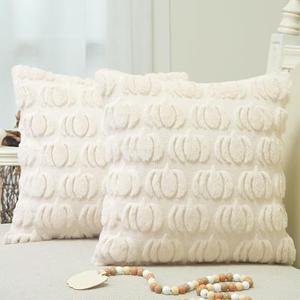 GEEORY Fall Pillow Covers 18 x 18 Inch Set of 2, Fall Decorations Pumpkins Soft Plush Fluffy Faux Fur Wool Decorative Autumn Thanksgiving Farmhouse Cushion Case for Sofa Beige GC002-18