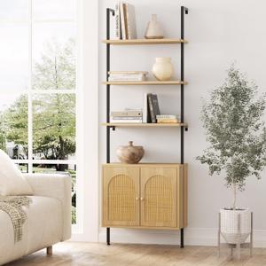 Ladder Bookshelf with Cabinet, 6 Tier Wall Mount Ladder Bookcase with Rattan Cabinet, Tall Open Ladder Shelf with Metal Frame for Living Room, Bathroom, Home Office, Natural (1PC)