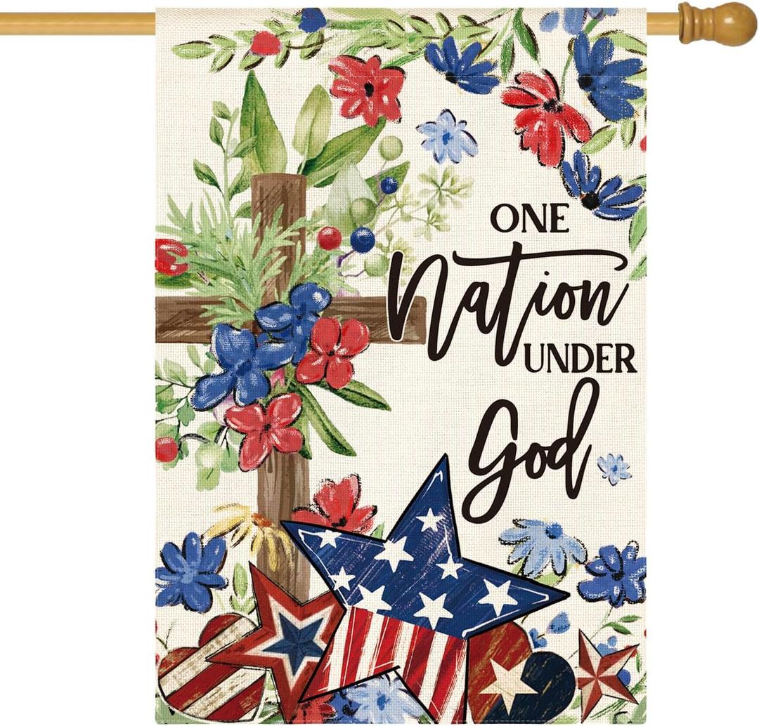 AVOIN colorlife Memorial Day Patriotic 4th of July House Flag 28x40 Inch Double Sided Outside, Flowers Cross Yard Outdoor Decoration