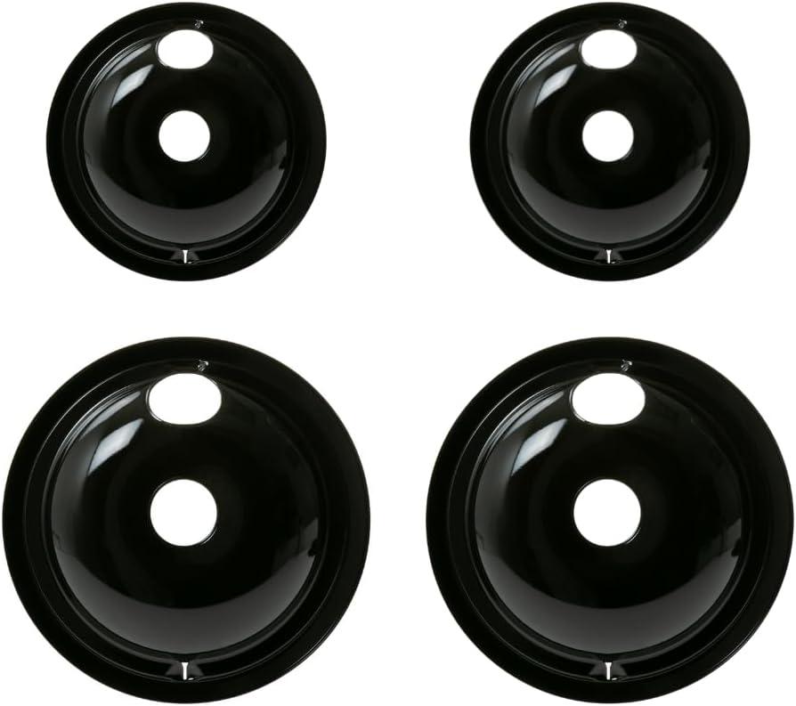 GE Stove Drip Pans | Electric Stove Burner Drip Pans | 4 Piece Set, 6" and 8" Drip Pan Kit | Porcelain Range Replacement Stove Burner Bowls