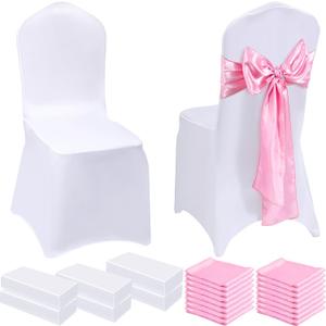Mepase 100 Pcs White Chair Covers Set with 50 Stretch Spandex Chair Covers 50 Chairs Sashes Bows Universal Fitted Cover Removable Washable for Wedding Party Dining Banquet(White, Pink)