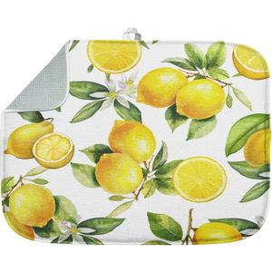 Sanwarm Absorbent Dish Drying Mat, Floral Lemon Fruits Vintage Microfiber Pad for Kitchen Counter, Coffee Bar Decor, Heat Resistant and Reversible, 18" x 24"