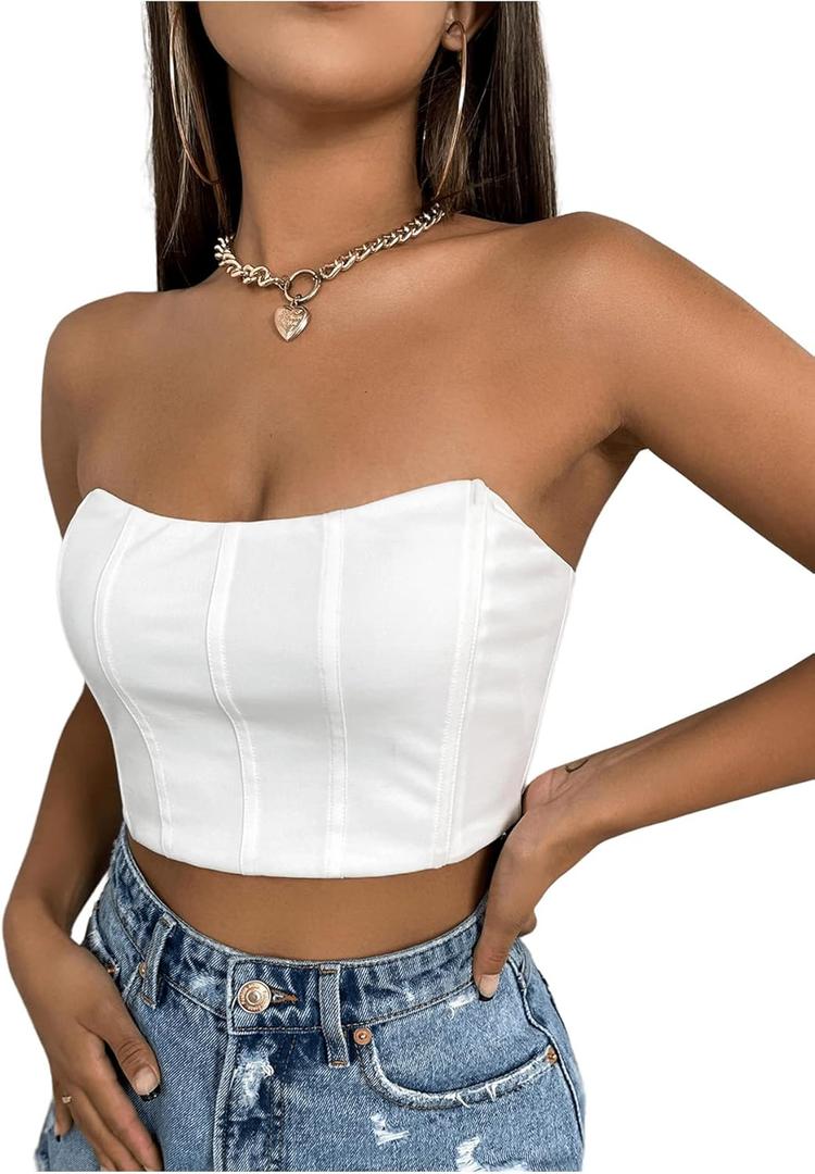 GORGLITTER Women's Sexy Corset Top Strapless Y2K Tube Tops Bandeau Bustier Crop Top Western Country Outfits 2025 (Medium, White) GORGLITTER Women's Sexy Corset Top Strapless Y2K Tube Tops Bandeau Bustier Crop Top Western Country Outfits 2025 (Medium, White)