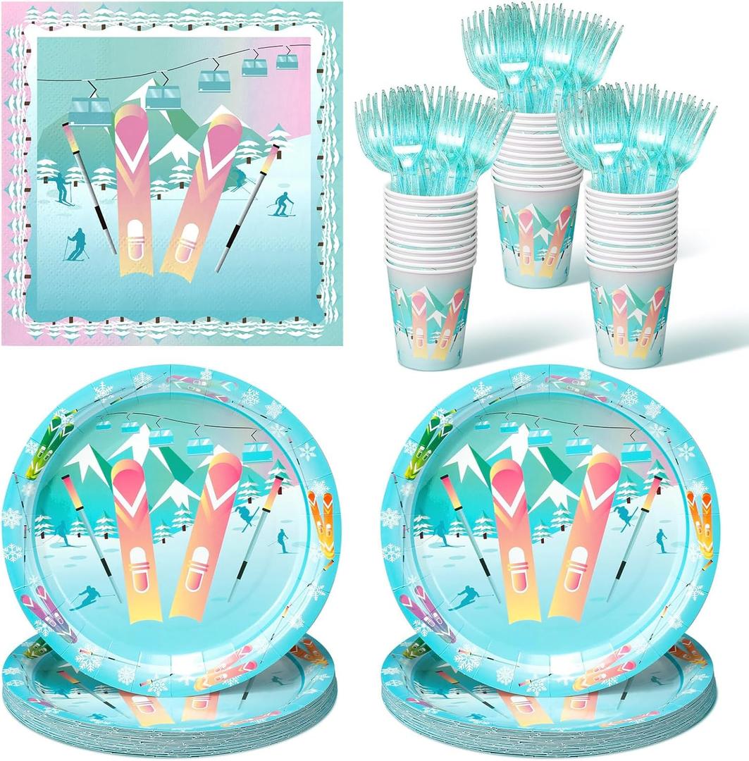 Zubebe 120 Pieces Skiing Birthday Party Supplies Set for 24 Guests, Skiing Paper Plates (7 and 9 Inch), Cups, Forks, Paper Napkins, Disposable Theme Dinnerware for Party Decorations