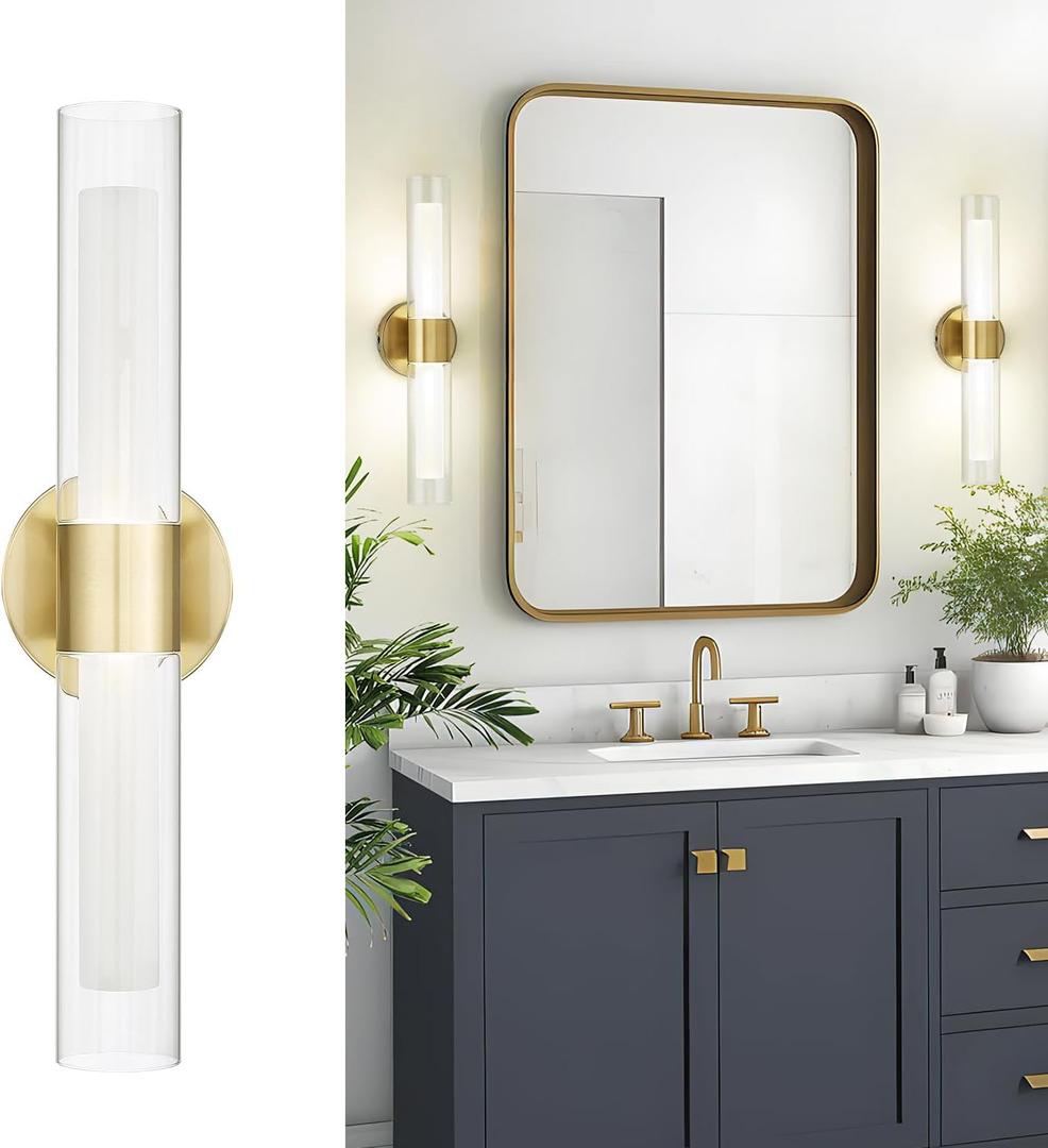 kudos Gold Bathroom Sconces Wall Lighting, Bathroom Vanity Light, Modern Wall Lights with Clear Glass and Frosted Glass,3000K/4500K/6000K Adjustable, KDVL06-GD-2 (1 Pack)