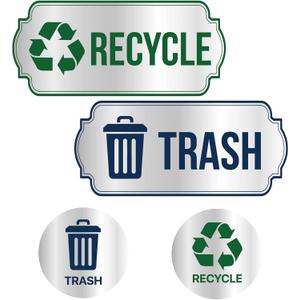 4 x Trash and Recycle Stickers 4-Piece Set - Sorting Sign for Indoor, Outdoor Use - Waterproof Silver Finished Self-Adhesive Labels for Trash Can