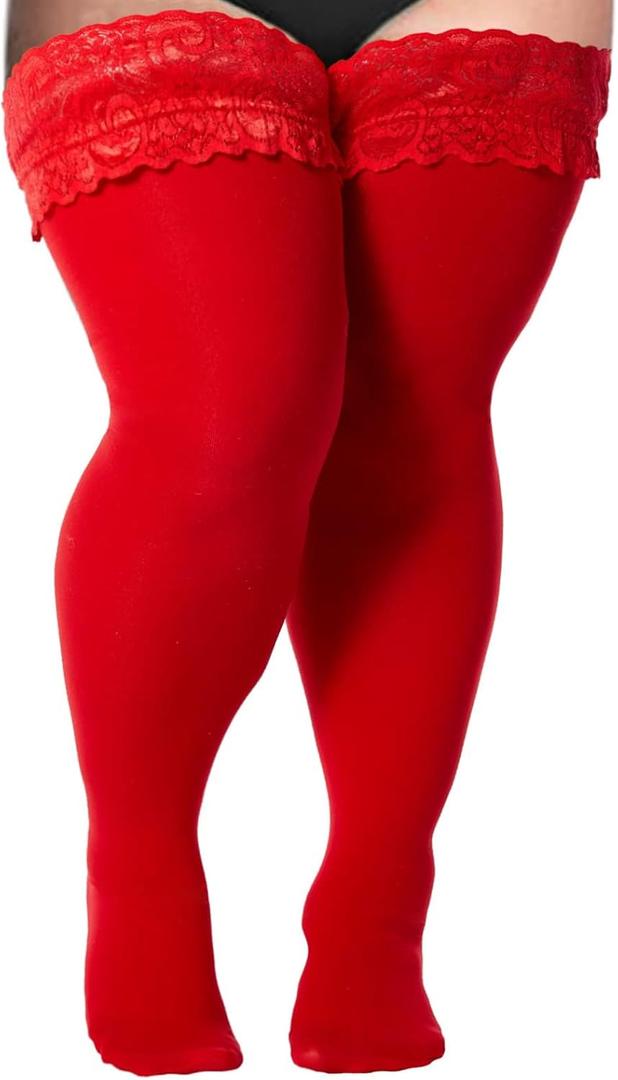 Moon Wood Plus Size Thigh High Stockings Women Sexy Lace Semi Sheer Stay Up Lingerie Thigh Highs Stockings (Red)