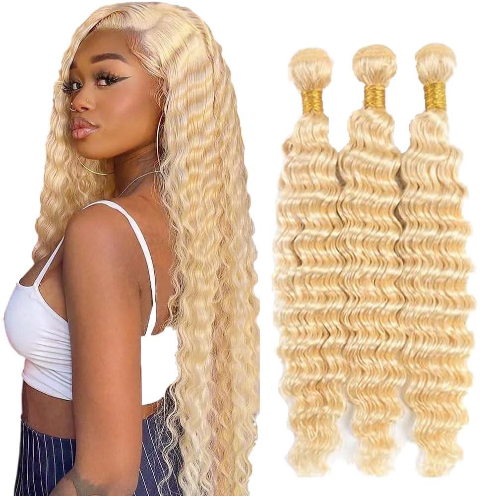 613 Bundle Human Hair Bundles Blonde 14 16 18 Inch Blonde 613 Color Deep Wave Bundles Human Hair Blonde Bundle Unprocessed Brazilian Virgin Quick Weave Hair for Black Women
