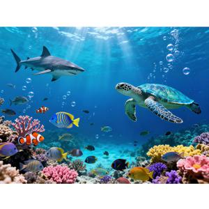 Ocean Backdrop 8x6FT Under The Sea Photo Background with 19.69ft Ribbon, Double-Stitched Underwater Tapestry with 4 Brass Grommets for Birthday Baby Shower Party Decorations