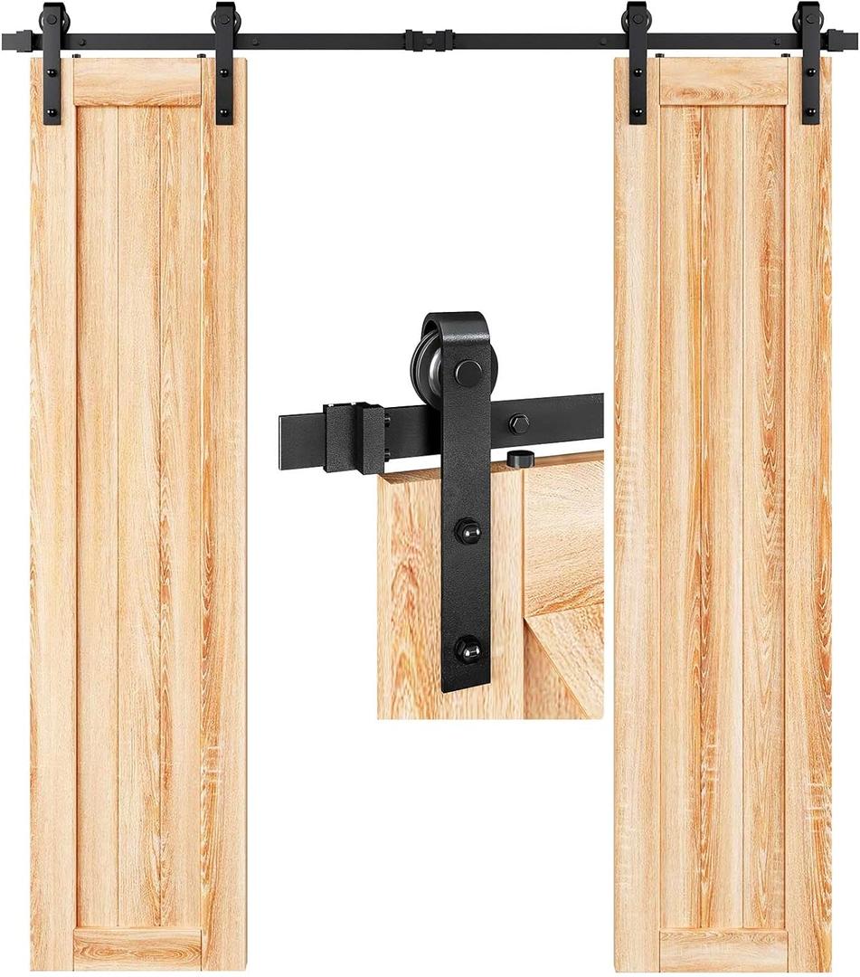 EaseLife 6FT Double Door Sliding Barn Door Hardware Track Kit,Basic J Pulley,Heavy Duty,Slide Smoothly Quietly,Easy Install (6FT Track Kit for Double 18" Wide Door) (6 Feet, Black)