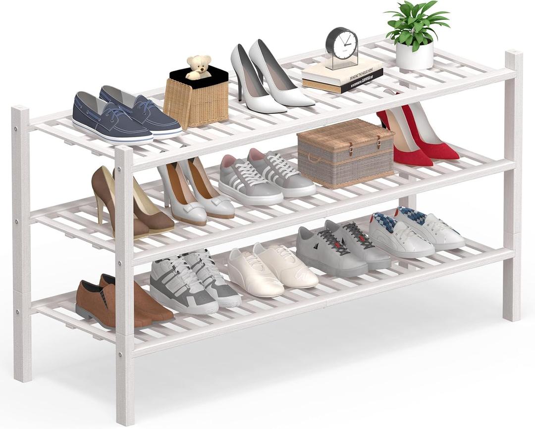 Haddockway Long 3 Tier Bamboo Shoe Rack Storage Organizer,Multifunctional Free Standing Stackable Shoe Shelf with Grid Panel for Closet,Hallway,Entryway,Small Space 34.2"x11"x20"