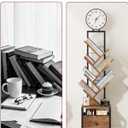 HIGDBFE 6 Tier Tree Bookshelf with Clock and Fabric Drawer, Small Narrow Bookcase, Tall Floor Standing Book Shelf for Bedroom, Living Room, Home Office, Rustic Brown