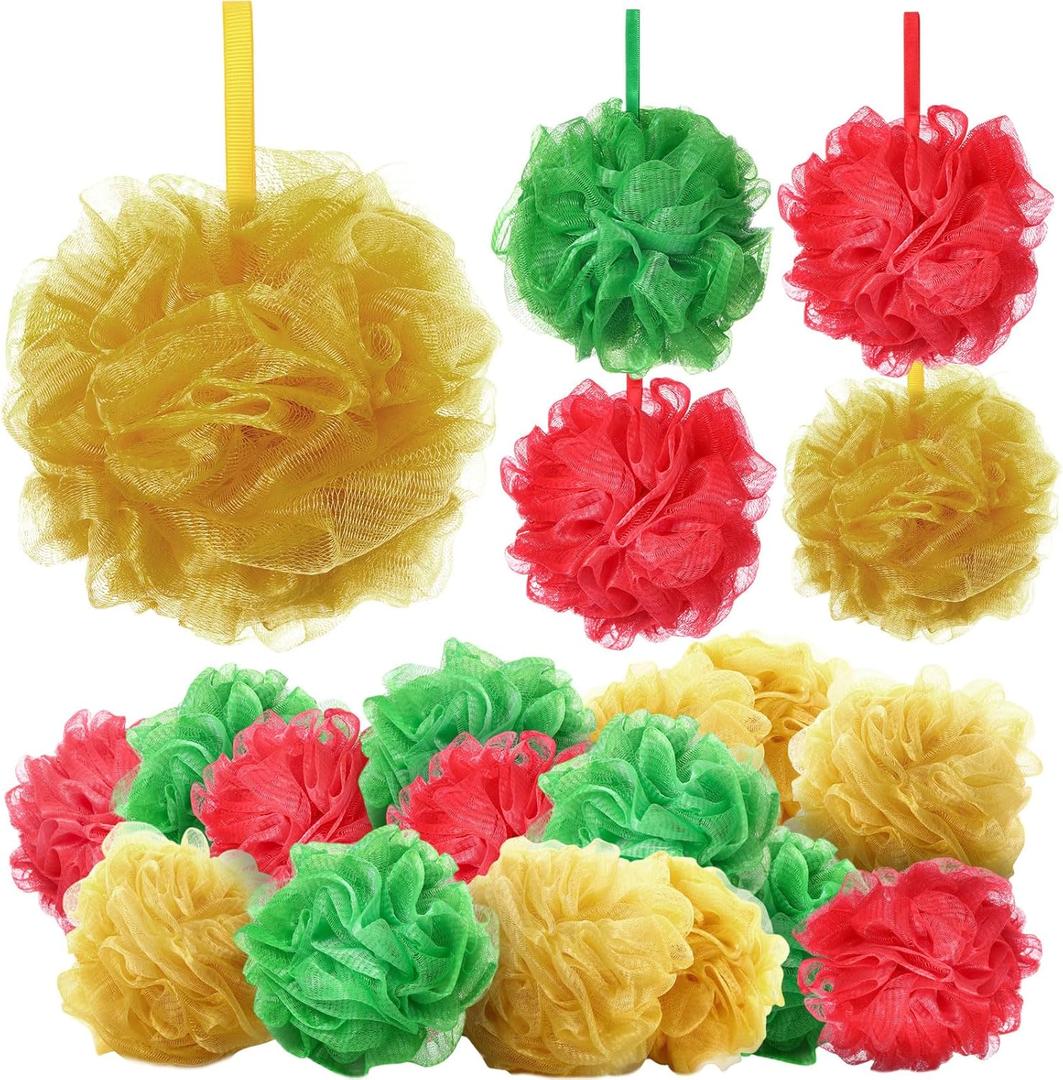 FuWeave 24 Pcs Bath Loofah Sponge Loofah Exfoliating Body Scrubber Shower Sponge 50g Mesh Pouf Balls Gift Basket for Baby Shower Women Men Bathing Accessories Wedding Gift Bucket(Red,Green,Gold)