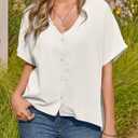 Tankaneo Womens Shirt Tops Batwing Short Sleeve Blouse Summer Casual Oversized V Neck Button Down Shirts (White, XL)