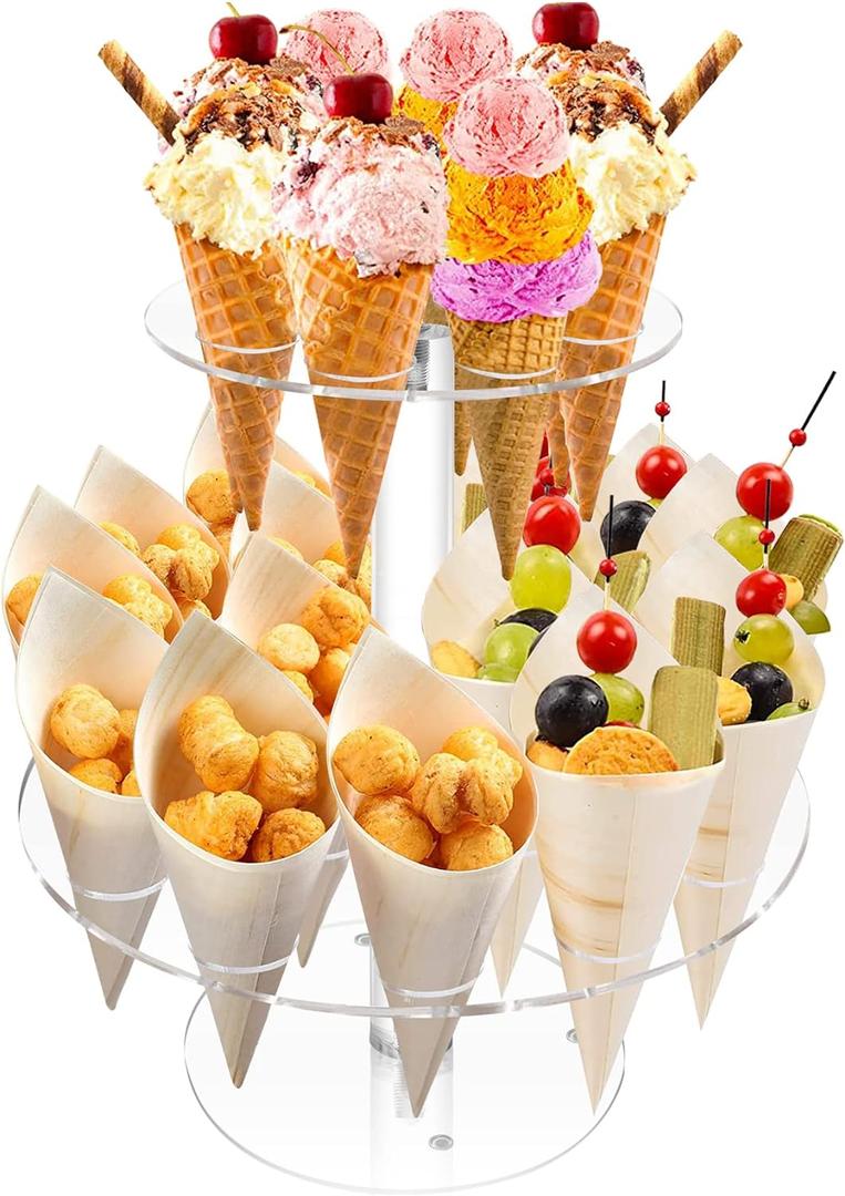 Acrylic Ice Cream Cone Holder, 2-Tier Stand with 24 Holes for Waffle Cone Displaying