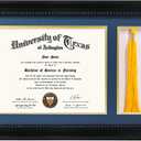 GMFrames Solid Wood Diploma Frame with Tassel Holder for 8.5x11 Certificate with Navy over Gold Mat,Black Finish with Intricate Black Rope Detail,UV Protection Acrylic