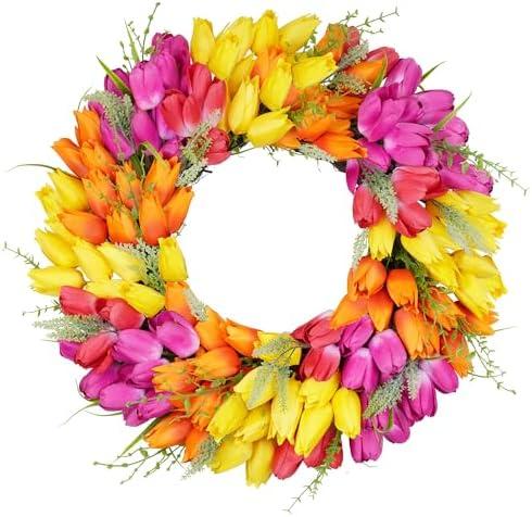 Vlorart Tulip Wreath for Front Door, 23 Inch Artificial Spring Summer Wreaths for Outside All Season with Green Leaves and Purple Flowers, Door Wreath for Farmhouse and Wedding Party Outdoor Decor