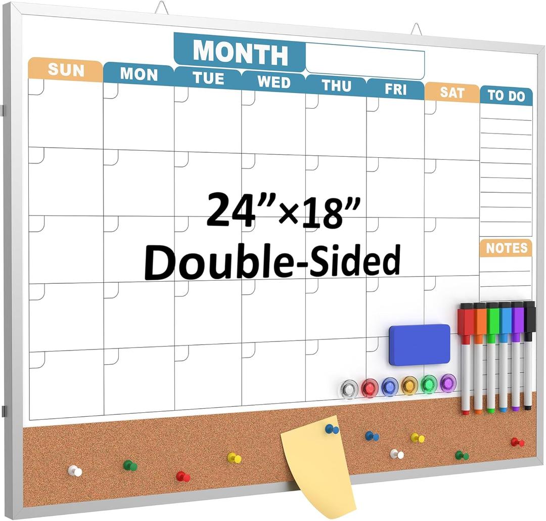 Monthly Calendar Dry Erase Board 24x18 Inch, Double-Sided Whiteboard and Corkboard Combo with Silver Aluminum Frame (Color Calendar), Wall Mounted Planner with Marker, Magnet, Push Pin, Eraser