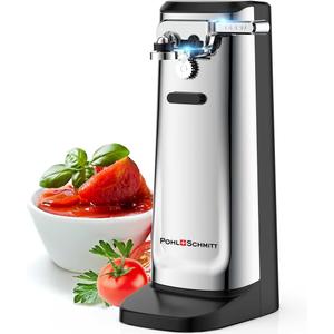 POHL SCHMITT Electric Can Opener, Knife Sharpener & Bottle Opener, Easy Push Down Lever, Works with Standard And Pop-Top Cans, Durable Stainless Steel & ABS Kitchen Accessory, Stainless Steel