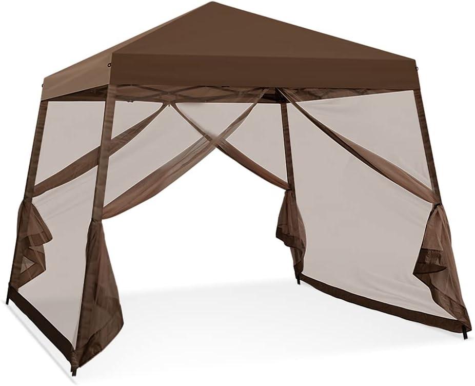 COOS BAY 10x10 Pop Up Canopy Tent with Screen Netting, Slant Leg, Instant Folding Shelter, 64 Sq Ft Shade, One Person Set up, Brown