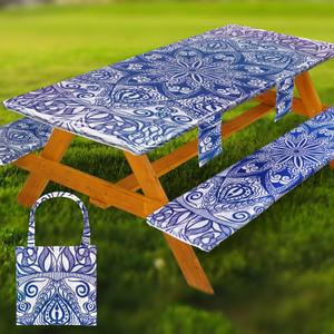 Picnic Table Cover with Bench Covers Vinyl Elastic Edges Fitted Rectangle Seat Tables Waterproof 3-Piece96X30in Set Outdoor Rectangular Folding Backing Tablecloth for Camping Over Size
