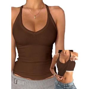 Danysu V Neck Cotton Tank Tops with Built-in Shelf Bra Sleeveless Racerback Fitted Basic Cami Shirts XS