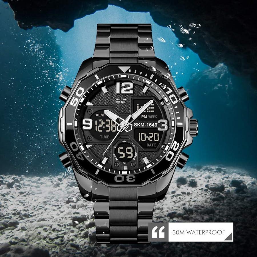 Watches for Men Stainless Steel: Dress Watch for Mens Quartz Analog Wrist Luxury Black Metal Tone Blue Dial Big Classic Diver Waterproof Chronograph Black Face Business Man Gift