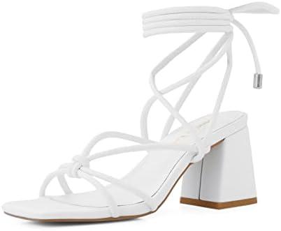 Shoe'N Tale Lace Up Heels for Women Ankle Strappy Gladiator High Heeled Sandals Chunky Block Heel Square Open Toe Criss Cross Dress Shoes, Size 8