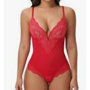 Sexy Lace Shapewear Bodysuit Women's Sleeveless V Neck Tummy Control Backless Thong Tank Tops Body Suit Shaper (Red) 2XL