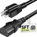 3 Prong AC Power Cord Cable 5ft 10 Amps 125 Volts 18AWG, NEMA 5-15P to C13, Black PC Power Cable for TV, Computer, Monitor, Printer, PlayStation, HP, Dell, Lenovo, Apple, Asus-ETL Listed