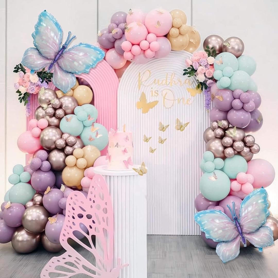 Pastel Pink, Purple & Blue Balloon Arch Kit - 142pcs with Large Butterfly Foil Balloon & Stickers for Girl's Baby Shower, Wedding or Birthday Party Decorations