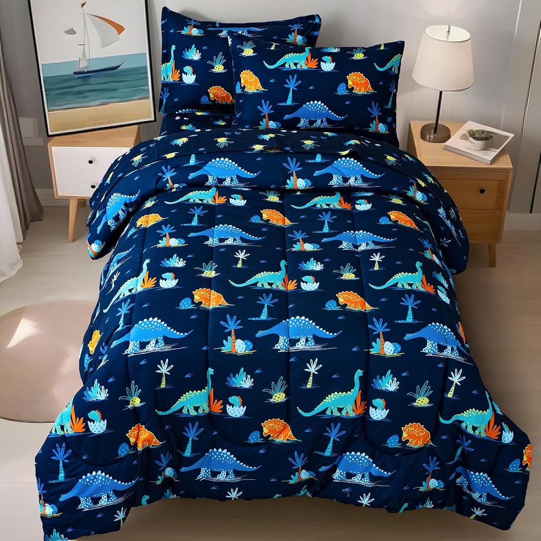 david's kids 5 Piece Twin Comforter Set - Soft Breathable Bedding Twin Set for Boys Girls, Includes Quilted Comforter, Flat Sheet, Fitted Sheet, Pillowcase and Pillowsham, Dinosaur Navy