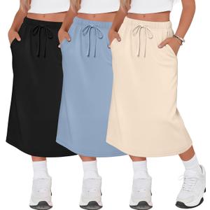 Halfchet 3 Pack Girls Midi Skirt Casual Drawstring | Knee Length, High Waist, Back Slit, with Pockets, Teen Girls Long Skirts, Summer, School, Adjustable, Breathable, Lightweight