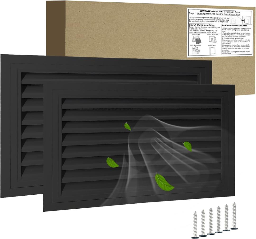 24"*16" Gable Vent,Aluminum Alloy Wall Vent Shed Vents,with Removable Strainer and 180 Degree Opening Angle.Ideal for Attic,Shed,Garage,Play House,Coop.[Inside Dimensions:22"w X 14"h]-Black 2 Pack