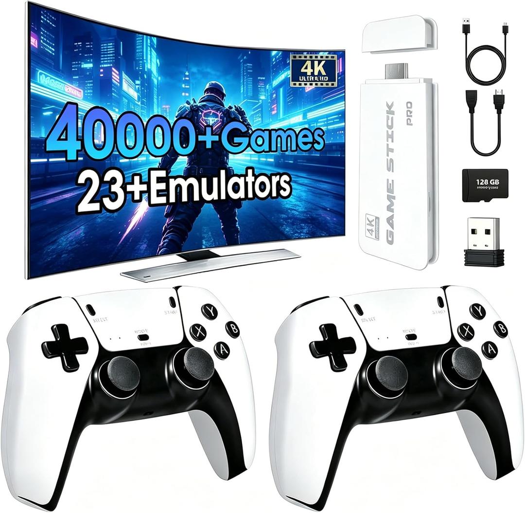 2026 New Retro Game Console,40000+Games and 23 Emulators, with Dual 2.4G Wireless Controllers, Plug and Play 4K HD HDMI TV Game Stick (128GB) White