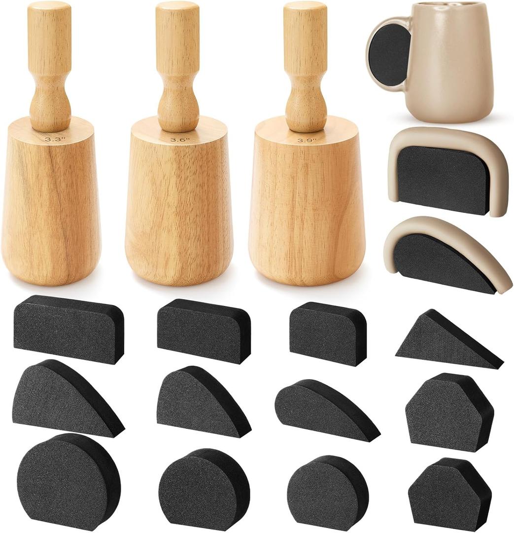 3 Pcs Coffee Cup Pottery Molds 3. 3'', 3. 6'', 3. 9'' Curved Plaster Molds with 12 Pcs Mug Handle Forms Pottery Shaping Tool 3 Sizes Wood Slump Press Mold for DIY Cup Mug Art Making (Narrow-mouthed)