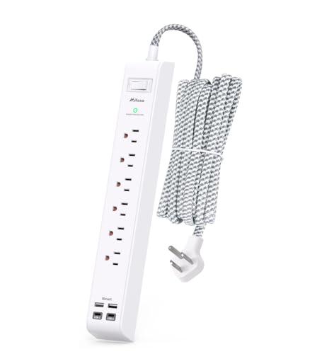 Surge Protector Power Strip 10 ft with 4 USB Ports 2 USB-C 6 AC Outlets, Flat Plug Extension Cord, USB Charging Station, Wall Mountable for Home, Office, Dorm Essentials, 1080J, ETL Listed