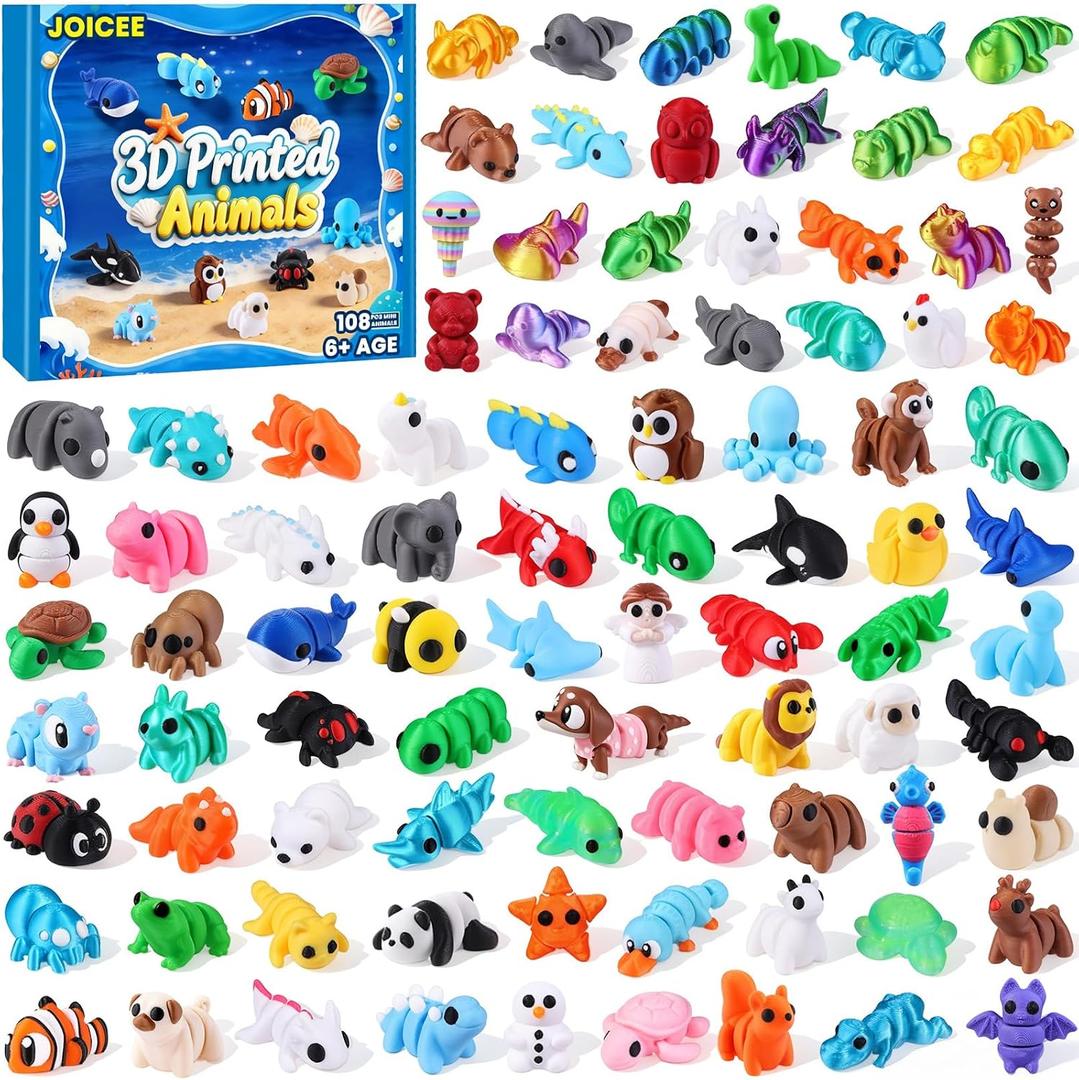 JOICEE 108 Pcs 3D Printed Animals, Mini 3D Printed Figurines Articulated Flexible Fidget Toys Cute Desk Pets Decor for Kids Party Favors Birthday Gifts Office Home Decorations