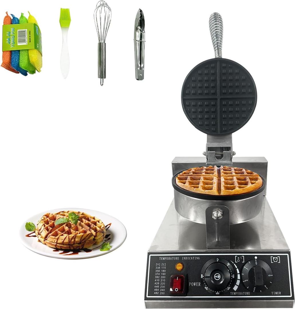 Commercial Waffle Maker, 1200w, 110v Round Waffle Iron, Non-Stick Stainless Steel Waffle Baker Machine with 122-572 Adjustable Temperature and Timer Control