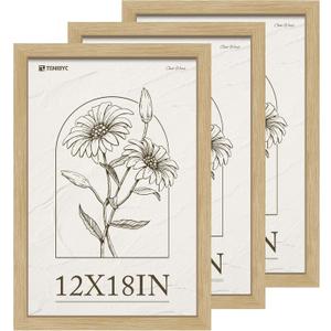 12x18 Frame Set of 3, Natural Oak Wood Picture Frame 12x18 for Photos, Posters and Art Prints, HD Tempered Glass, Wall Hanging