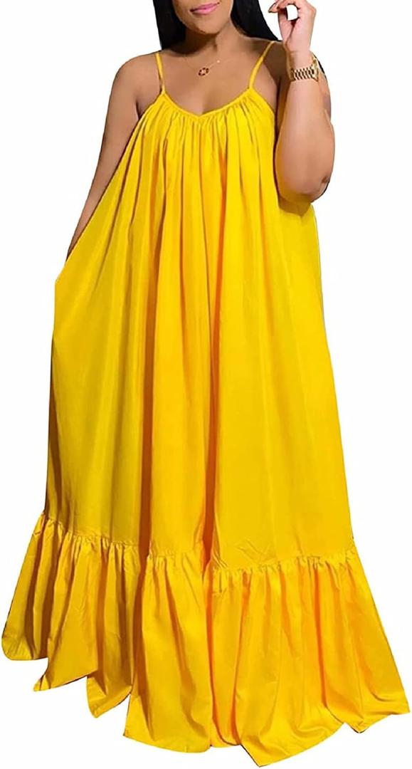Womens Sexy Sleeveless Spaghetti Strap Dress Ruched Ruffle Hem Beach Loose Long Maxi Swing Dress 4X-Large, Yellow