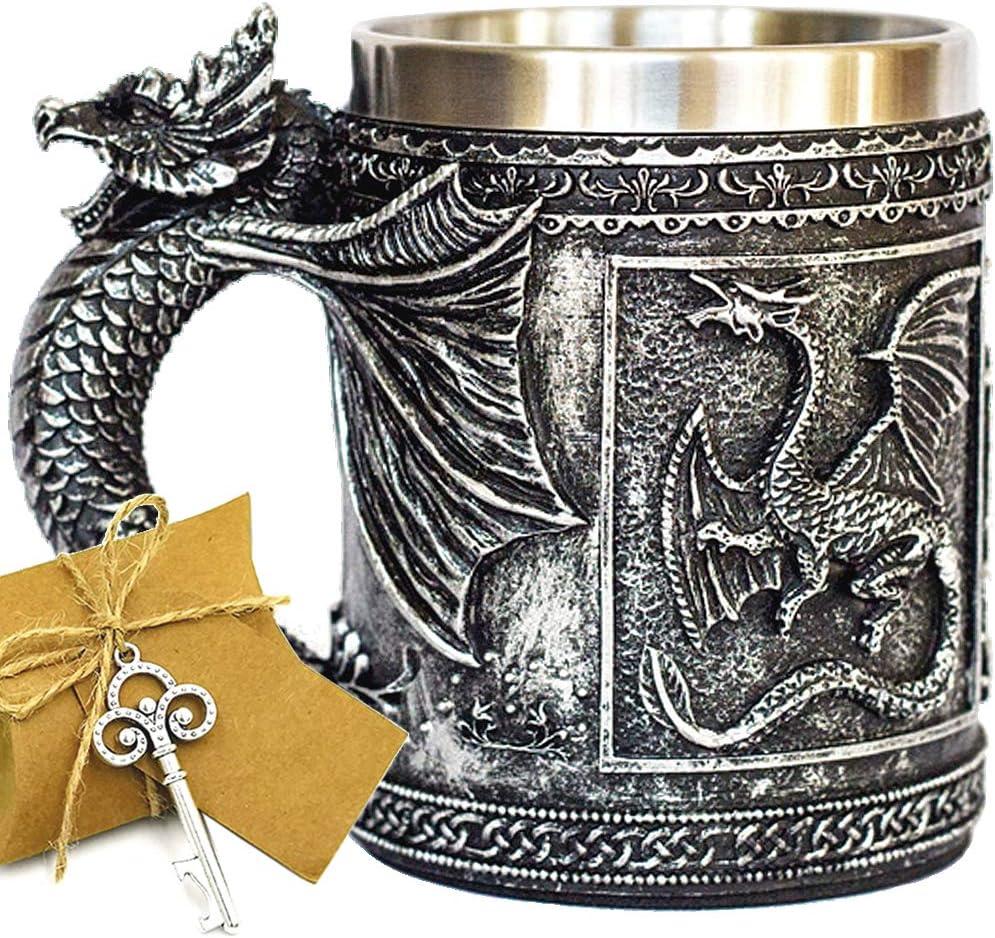 Medieval GOT Dragon D&D Game Mug of Thrones Merchandise Beer Steins Viking Tankard Stainless Coffee Cup Gift Mug for Dragon Collector, Themed Party Decoration