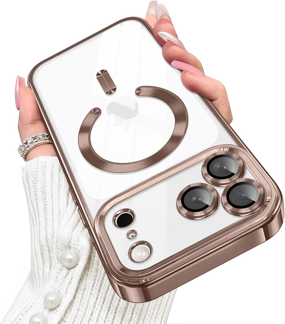 Designed for iPhone 17 Pro Case Magnetic, Compatible with Magsafe, Camera Control Button, Camera Lens Protector, Clear Soft TPU Plated Phone Case for iPhone 17 Pro, Brown