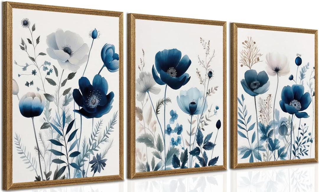 DUWQU 3 Pcs Blue Floral Canvas Wall Art, Wood Framed Navy Blue Wildflower Lily Daisy Wall Decor, Watercolor Botanical Flower Home Poster Art Prints for Living Room Bedroom Bathroom 1216 Inches